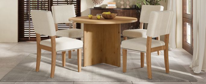 TOPMAX Modern 5-Piece Round Dining Table Set Pedestal Kitchen Table Set with 4 Upholstered Dining Chairs for Studio, Apartment, Small Places, Natural