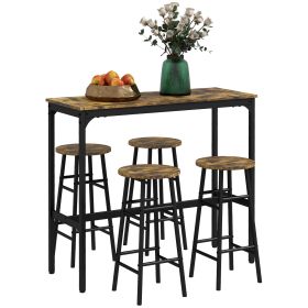 HOMCOM Bar Table Set for 4, Industrial High Top Table with Bar Stools, 5-Piece Small Kitchen Table and Chairs for Pub, Dining Room, Rustic Brown