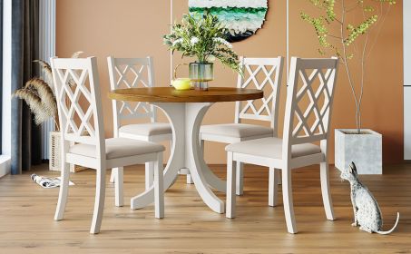 TOPMAX Mid-Century Solid Wood 5-Piece Round Dining Table Set, Kitchen Table Set with Upholstered Chairs for Small Places, Walnut Table+Beige Chair